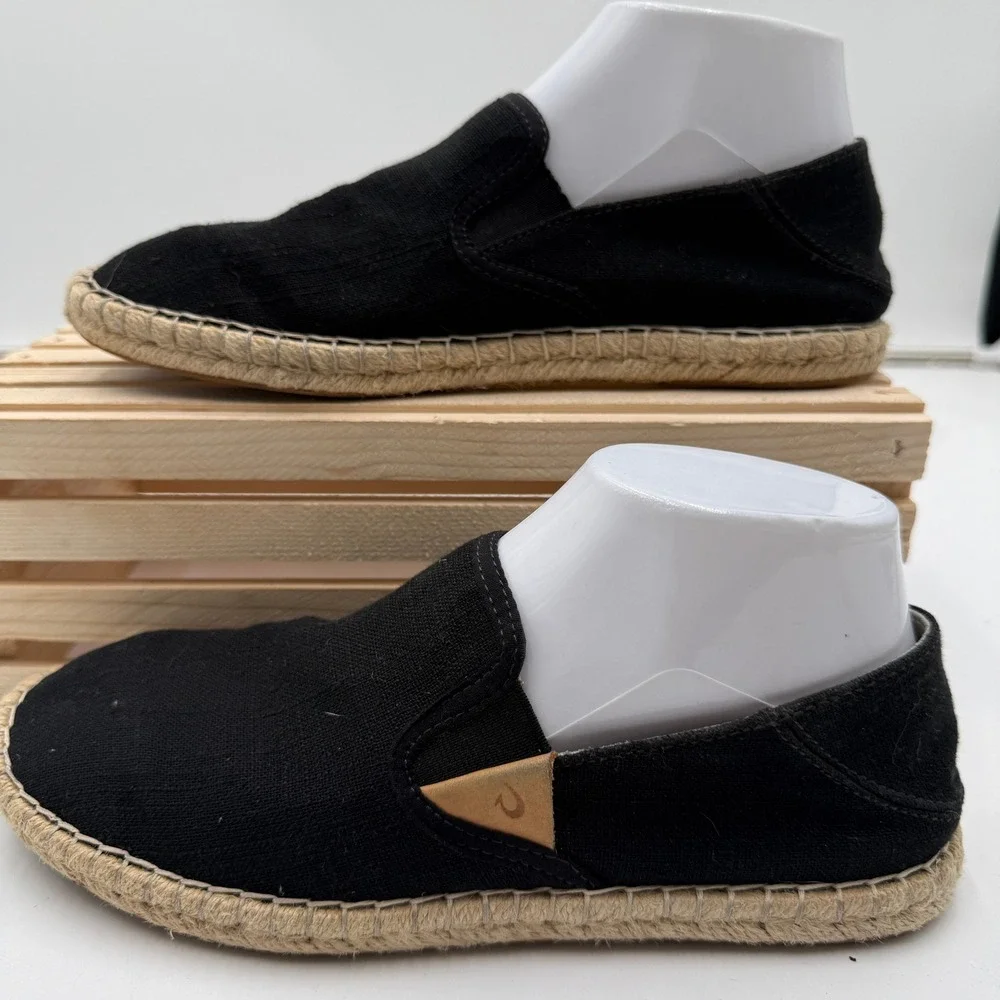 OluKai Espadrilles Kaula Pa'a Kapa Linen Drop-In Heel Black Womens 7.5